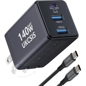 140W USB C Charger Block - UKCSIS 3-Port GaN Fast Chargers, Foldable USB C Wall Charger, Compact 100W Laptop Adapter, for MacBook Pro/Air, iPad Pro, Galaxy, iPhone Series, Black