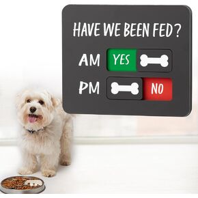 Pet Feeding Reminder with Magnet, Dog Feeding Tracker with “Have We Been Fed?", Acrylic Slider Sign for Fridge, AM PM Feed Sign with Yes No Options, Compact Black with Stickers, 4.7" x 3.9"