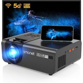 4K Projector with Wifi and Bluetooth - SMONET 5G WiFi Bluetooth 1080P FHD Projector Home Outdoor Movie Video Projector iPhone Projector Compatible with Phone TV Stick Laptop PC HDMI USB DVD
