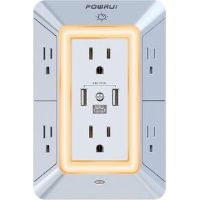 USB Wall Charger, Surge Protector, POWRUI 6-Outlet Extender with 3 USB Charging Ports (1 USB C) and Night Light, 3-Sided Power Strip with Adapter Spaced Outlets - White，ETL Listed, Gray