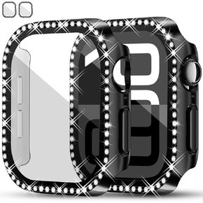 RICHONE Rhinestone Bling Hard Protective Cases with Tempered Glass Screen Protector for Apple Watch Series 10 (2024) 42mm, Anti-Fall Scratch-Resistant Black Covers for iWatch (Clear, 42MM)