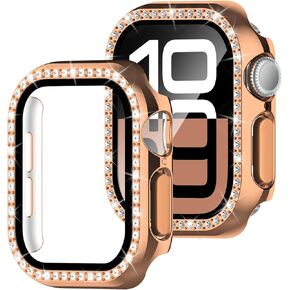 Bling Case Compatible for Apple Watch Series 10 46mm Screen Protector, Glitter Diamond Hard PC Protective Case & Lightweight Anti-Scratch HD Screen Protector for iWatch 46mm-Rose Gold
