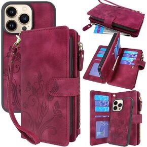 Lacass Compatible with iPhone 13 Pro 6.1 inch 2021 Case [Card Slots] ID Credit Cash Holder Zipper Pocket Detachable Magnet Leather Wallet Cover Wrist Strap Lanyard (Floral Wine Red)