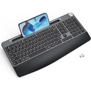 JOYACCESS Wireless Keyboard,Ergonomic Full-Sized Keyboard with Wrist Rest,Computer Keyboard with Phone Holder, Volume Knob, 2.4 GHz Wireless USB Receiver - for Computer Mac PC Laptop - Black Grey