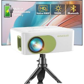 BIGASUO Outdoor Projector, 1080P projector with bluetooth，Movie Projector built-in rechargeable battery
