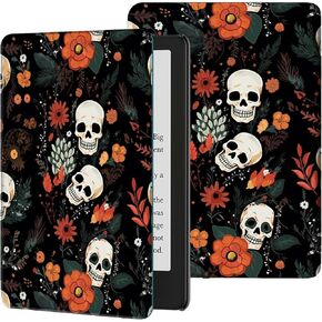 Case for All-New 6.8" Kindle Paperwhite 11th Generation 2021 and Kindle Paperwhite Signature Edition Slim Lightweight PU Leather Adjustable Stand Smart Cover with Auto Wake/Sleep,Wildflowers Skull