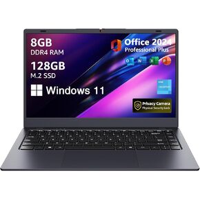 كمبيوتر محمول مع MS Office 2024، شاشة HD 14.1 بوصة، ذاكرة وصول عشوائي 8 جيجابايت/128 جيجابايت SSD، معالج N5095 رباعي النواة، دعم 2.4 جيجا/5 جيجا هرتز واي فاي، BT