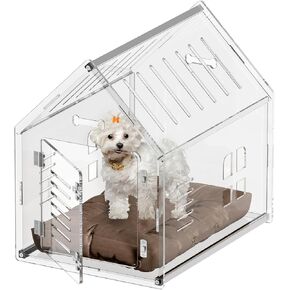 Sumerflos Acrylic Dog House - Clear Indoor Dog House with Door, 24" L x 18" W x 23" H Modern Dog House Crate Lockable Ventilated for Most Small Dogs Cats Pets