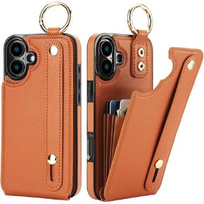 Folosu for iPhone 16 Plus Wallet Case with Card Holder, Hand Wrist Strap Loop Holder Kickstand, RFID Blocking Finger Grip Ring PU Leather Double Buttons Shockproof Cover 6.7" Purple in Kuwait