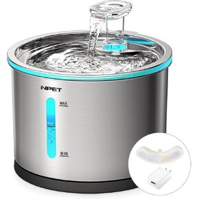 NPET 50oz/1.5L Cat Water Fountain Stainless Steel, Ultra Quiet Pet Water Fountain with Visible Window, Automatic Filtration Cat Water Dispenser with Light for Cats Indoor - WF210