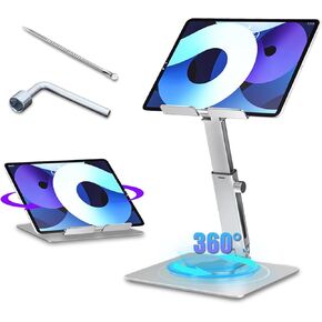 Tablet Stand Holder for Desk, iPad Stand for Desk with 360 Rotating Base, Aluminum Foldable Desktop Stand Holder, Adjustable Height, for 4.7"-13.5" Cell Phone & Tablets