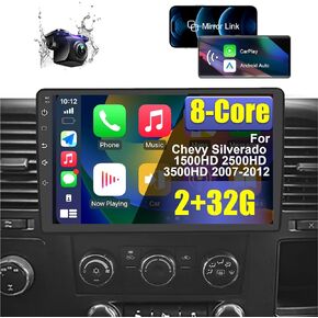 8 Core Car Radio Stereo for Chevy Silverado 1500HD 2500HD 3500HD 2007-2012 with Wireless Carplay Android Auto, 10.1'' HD Touchscreen Android 12 with Backup Camera Bluetooth AM/FM/RDS WiFi GPS