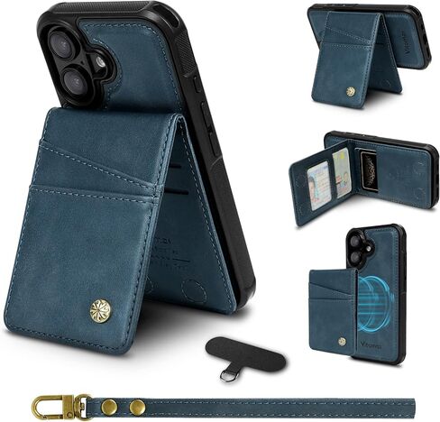 2-in-1 Detachable Card Wallet Phone Case with Wristlet Strap for iPhone 16 (6.1") with Card Holder, RFID Blocking PU Leather, Kickstand, Holds 6 Cards, MagSafe Compatible - Blue in Saudi Arabia