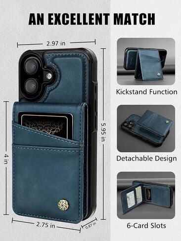 2-in-1 Detachable Card Wallet Phone Case with Wristlet Strap for iPhone 16 (6.1") with Card Holder, RFID Blocking PU Leather, Kickstand, Holds 6 Cards, MagSafe Compatible - Blue in Saudi Arabia