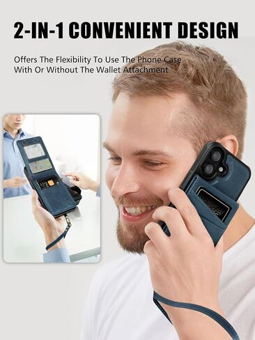 2-in-1 Detachable Card Wallet Phone Case with Wristlet Strap for iPhone 16 (6.1") with Card Holder, RFID Blocking PU Leather, Kickstand, Holds 6 Cards, MagSafe Compatible - Blue in Saudi Arabia