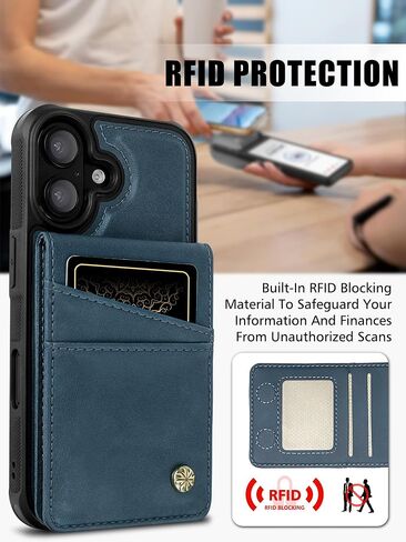 2-in-1 Detachable Card Wallet Phone Case with Wristlet Strap for iPhone 16 (6.1") with Card Holder, RFID Blocking PU Leather, Kickstand, Holds 6 Cards, MagSafe Compatible - Blue in Saudi Arabia