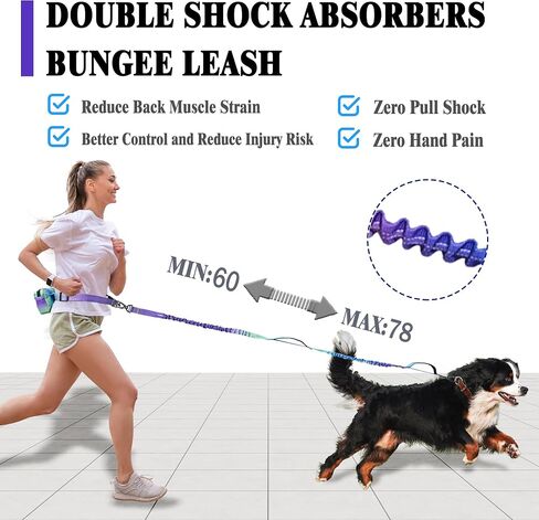 Hands Free Dog Leash with Zipper Pouch, Adjustable Waist Leash for Medium and Large Dogs Walking, Training, Jogging- Dual Padded Handles Reflective Stitches, Retractable Bungee, No Pull (Purple Blue) in Saudi Arabia