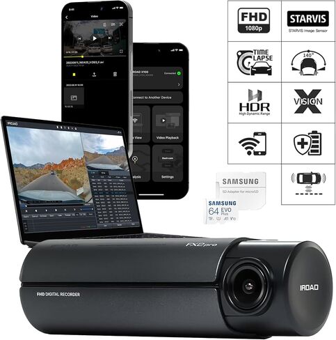 كاميرا IROAD PRO FX2 الأمامية، FHD 1080p HDR مع مستشعر Sony STARVIS، صنع في كوريا، فاصل زمني، GPS، زاوية واسعة 140 درجة، ADAS، Wi-Fi، X-Vision، منع تفريغ البطارية، تطبيق جوال، 64 جيجابايت SD متضمن in Saudi Arabia