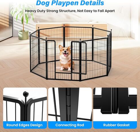 HealSmart Dog Playpen 32 Inch 8 Panels, Multi-Shaped Foldable Metal Pet Pen Fence with Single Gate, Light Weight and Easy to Carry, Black in Saudi Arabia