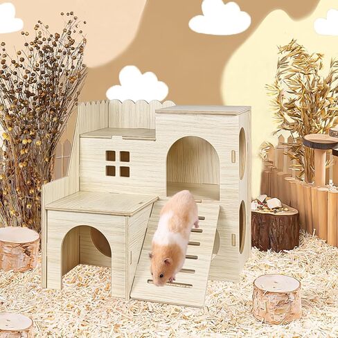 Wood Hamster Hideout House Habitat Wooden Maze Hide Hut with Platform Cage Accessories Toys for Syrian Dwarf Gerbils Mouse Mice Rat Other Small Animals etc. (02 Wave House) in Saudi Arabia