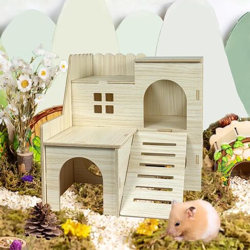 Wood Hamster Hideout House Habitat Wooden Maze Hide Hut with Platform Cage Accessories Toys for Syrian Dwarf Gerbils Mouse Mice Rat Other Small Animals etc. (02 Wave House) in Saudi Arabia