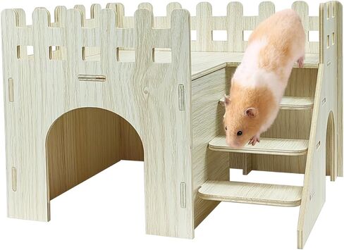 Wood Hamster Hideout House Habitat Wooden Maze Hide Hut with Platform Cage Accessories Toys for Syrian Dwarf Gerbils Mouse Mice Rat Other Small Animals etc. (02 Wave House) in Kuwait