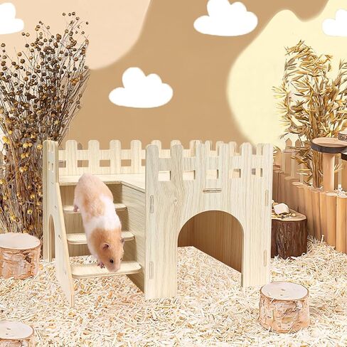 Wood Hamster Hideout House Habitat Wooden Maze Hide Hut with Platform Cage Accessories Toys for Syrian Dwarf Gerbils Mouse Mice Rat Other Small Animals etc. (02 Wave House) in Kuwait