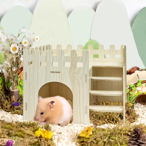 Wood Hamster Hideout House Habitat Wooden Maze Hide Hut with Platform Cage Accessories Toys for Syrian Dwarf Gerbils Mouse Mice Rat Other Small Animals etc. (02 Wave House) in Kuwait