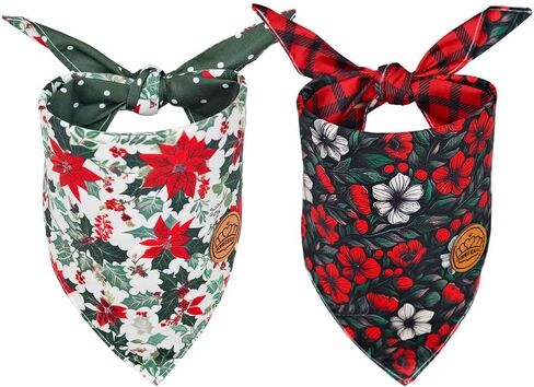 CROWNED BEAUTY Christmas Dog Bandanas Reversible Large 2 Pack, Holiday Blooms Set, Plaid Adjustable Triangle Holiday Scarves for Medium Large Extra Large Dogs Boy Girl Pets DB144-L in Saudi Arabia