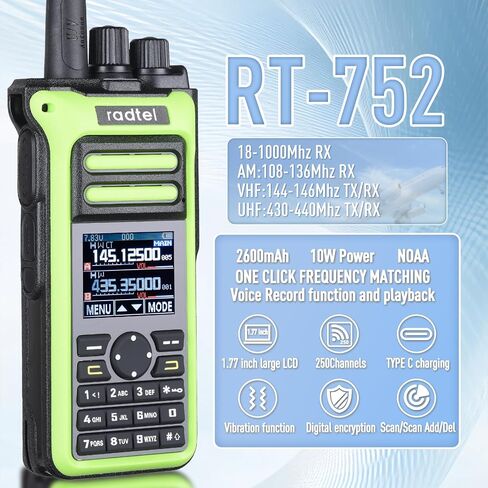 Radtel RT-752 راديو هام 10 وات، جهاز استقبال لاسلكي 250CH محمول باليد، PTT مزدوج، تردد النسخ، USB-C 2600 مللي أمبير، تسجيل صوتي، أجهزة راديو اهتزاز ثنائية الاتجاه (أخضر) in Kuwait