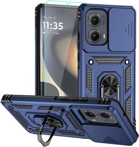 حافظة لهاتف Motorola Edge 2024، حافظة هاتف من البلاستيك الصلب من مطاط السيليكون مع [غطاء عدسة كاميرا منزلق] [حلقة مسند قابلة للدوران 360 درجة] [واقي شاشة عالي الدقة] لهاتف Motorola Moto Edge 2024 أزرق in Saudi Arabia