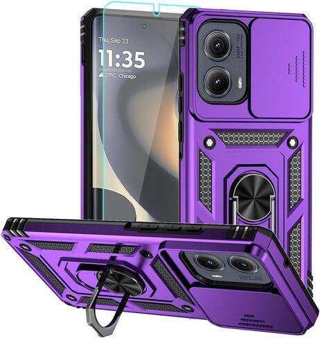 حافظة لهاتف Motorola Edge 2024، حافظة هاتف من البلاستيك الصلب من مطاط السيليكون مع [غطاء عدسة كاميرا منزلق] [حلقة مسند قابلة للدوران 360 درجة] [واقي شاشة عالي الدقة] لهاتف Motorola Moto Edge 2024 أزرق in Saudi Arabia