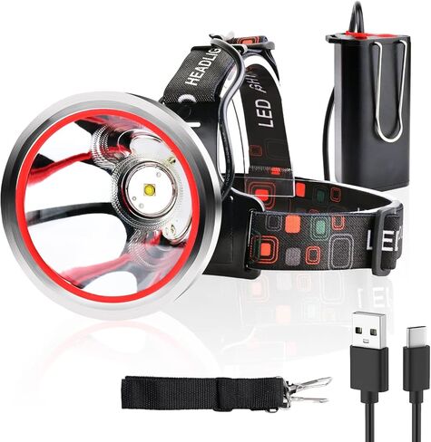 مصباح أمامي قابل لإعادة الشحن، مصباح أمامي فائق السطوع 100000 لومن، مصابيح أمامية LED قوية للبالغين، وضعان لمصابيح الرأس للتخييم في الهواء الطلق وصيد الأسماك والمشي لمسافات طويلة in Kuwait