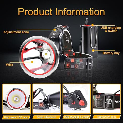 مصباح أمامي قابل لإعادة الشحن، مصباح أمامي فائق السطوع 100000 لومن، مصابيح أمامية LED قوية للبالغين، وضعان لمصابيح الرأس للتخييم في الهواء الطلق وصيد الأسماك والمشي لمسافات طويلة in Kuwait