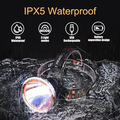 مصباح أمامي قابل لإعادة الشحن، مصباح أمامي فائق السطوع 100000 لومن، مصابيح أمامية LED قوية للبالغين، وضعان لمصابيح الرأس للتخييم في الهواء الطلق وصيد الأسماك والمشي لمسافات طويلة in Kuwait