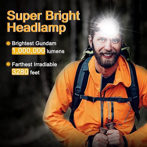 مصباح أمامي قابل لإعادة الشحن، مصباح أمامي فائق السطوع 100000 لومن، مصابيح أمامية LED قوية للبالغين، وضعان لمصابيح الرأس للتخييم في الهواء الطلق وصيد الأسماك والمشي لمسافات طويلة in Kuwait