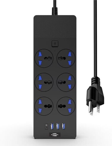 شريط طاقة عالمي مع USB ونوع C، 6 منافذ، 3 منافذ USB و1 منافذ USB C سلك تمديد عالمي 110-250 فولت، سلك تمديد محمي بقدرة 3000 واط للمنزل والمكتب in Saudi Arabia