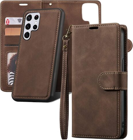 QLTYPRI Case for Samsung Galaxy S22 Ultra, 2 in 1 Detachable Wallet Case PU Leather with [Card Slots] [Kickstand][Wrist Strap][Magnetic Closure] Shockproof Flip Cover for Samsung S22 Ultra - Coffee in Saudi Arabia