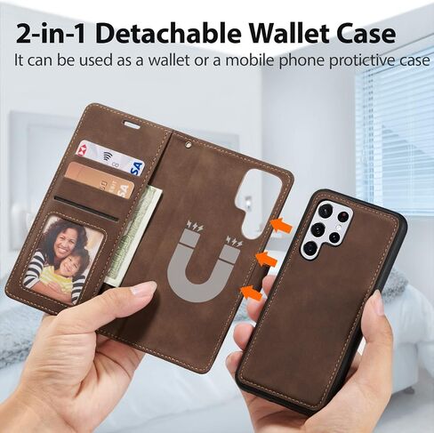 QLTYPRI Case for Samsung Galaxy S22 Ultra, 2 in 1 Detachable Wallet Case PU Leather with [Card Slots] [Kickstand][Wrist Strap][Magnetic Closure] Shockproof Flip Cover for Samsung S22 Ultra - Coffee in Saudi Arabia