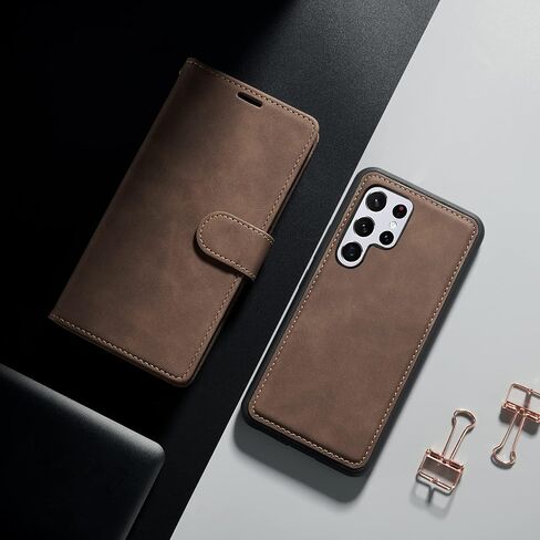 QLTYPRI Case for Samsung Galaxy S22 Ultra, 2 in 1 Detachable Wallet Case PU Leather with [Card Slots] [Kickstand][Wrist Strap][Magnetic Closure] Shockproof Flip Cover for Samsung S22 Ultra - Coffee in Saudi Arabia