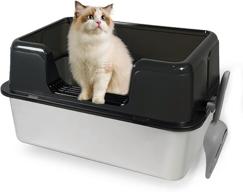 Stainless Steel Litter Box Metal Cat Litter Box, Large Cat Litter Box for Big Cat (with Lid),Anti-Leakage Easy Cleaning Non-Sticky, Size:19.6"x13.7"x11" Black Include Litter Scoop in Saudi Arabia