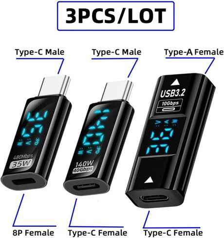Cablecc 3pcs/lot 10Gbps USB-C Monitoring Display Smart LED Display Type-C USB-C to USB3.2 Type-A Adapter Data Current Voltage Fast Charging Tester Detector in Saudi Arabia