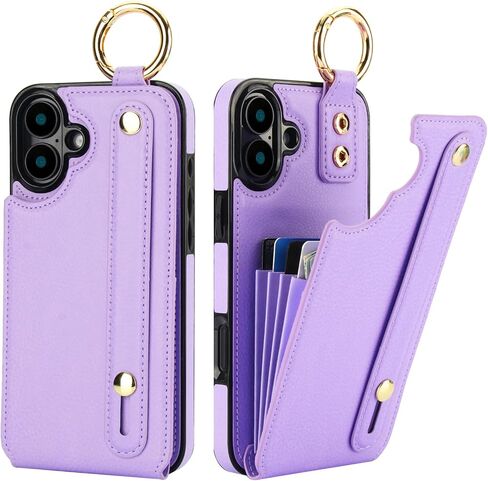 Folosu for iPhone 16 Plus Wallet Case with Card Holder, Hand Wrist Strap Loop Holder Kickstand, RFID Blocking Finger Grip Ring PU Leather Double Buttons Shockproof Cover 6.7" Purple in Kuwait