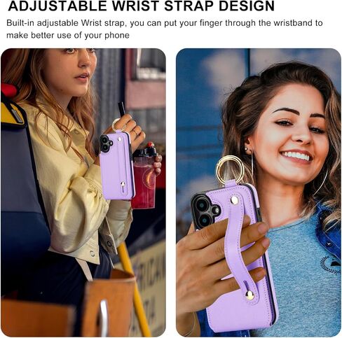 Folosu for iPhone 16 Plus Wallet Case with Card Holder, Hand Wrist Strap Loop Holder Kickstand, RFID Blocking Finger Grip Ring PU Leather Double Buttons Shockproof Cover 6.7" Purple in Kuwait
