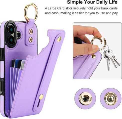 Folosu for iPhone 16 Plus Wallet Case with Card Holder, Hand Wrist Strap Loop Holder Kickstand, RFID Blocking Finger Grip Ring PU Leather Double Buttons Shockproof Cover 6.7" Purple in Kuwait