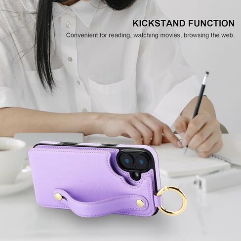 Folosu for iPhone 16 Plus Wallet Case with Card Holder, Hand Wrist Strap Loop Holder Kickstand, RFID Blocking Finger Grip Ring PU Leather Double Buttons Shockproof Cover 6.7" Purple in Kuwait