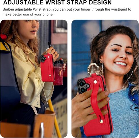 Folosu for iPhone 16 Plus Wallet Case with Card Holder, Hand Wrist Strap Loop Holder Kickstand, RFID Blocking Finger Grip Ring PU Leather Double Buttons Shockproof Cover 6.7" Purple in Kuwait