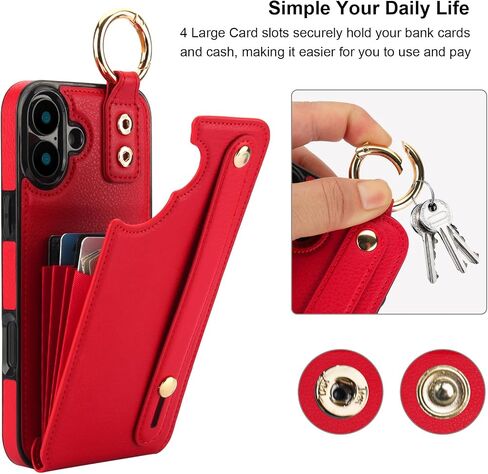 Folosu for iPhone 16 Plus Wallet Case with Card Holder, Hand Wrist Strap Loop Holder Kickstand, RFID Blocking Finger Grip Ring PU Leather Double Buttons Shockproof Cover 6.7" Purple in Kuwait