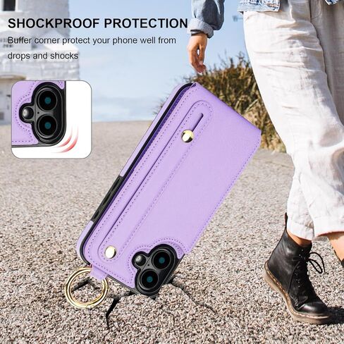 Folosu for iPhone 16 Plus Wallet Case with Card Holder, Hand Wrist Strap Loop Holder Kickstand, RFID Blocking Finger Grip Ring PU Leather Double Buttons Shockproof Cover 6.7" Purple in Kuwait