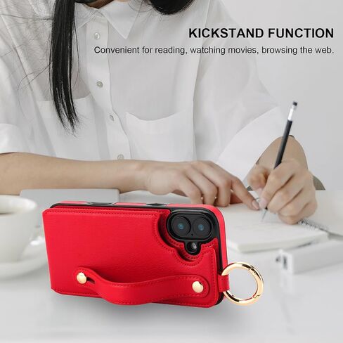 Folosu for iPhone 16 Plus Wallet Case with Card Holder, Hand Wrist Strap Loop Holder Kickstand, RFID Blocking Finger Grip Ring PU Leather Double Buttons Shockproof Cover 6.7" Purple in Kuwait